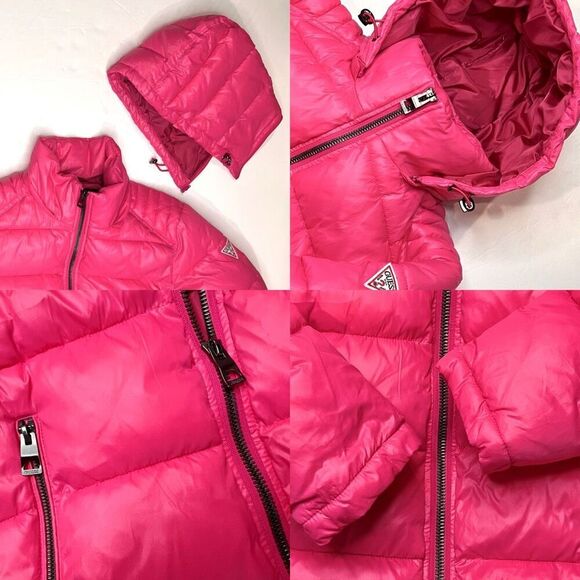 Guess 119RN716 Mens Midweight Hooded Puffer Coat Pink SMALL Winter Zipper Pocket - Picture 7 of 12